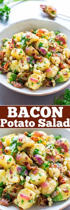 bacon potato salad with parsley on top and in the bottom, two pictures side by side