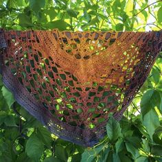 an orange and purple shawl hanging from a tree branch in the sun with leaves surrounding it