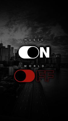 the words music on world off are shown in black and white, with red accents