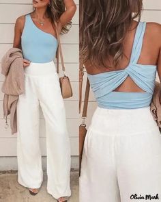 OliviaMark - Top froncé à une épaule One Shoulder Tank Top, High Waisted Palazzo Pants, Pleated Blazer, Purple Two Piece, One Shoulder Tank, Casual Tie, Lace Strapless, Ruched Top, Knit Bodysuit