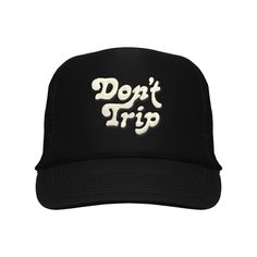 Free and Easy embroidered black Don't Trip trucker hat. Snapback. Foam front, mesh back, rope detailing, Terry cloth sweatband. Custom embroidery. One size fits all.CAREHand wash or top rack in the dishwasherBRAND NOTESFree and Easy is based in Los Angeles, California. The brand is a throwback to yesteryear styles and made in LA. Cheap Black Hats With Graphic Print, Cheap Black Trucker Hat One Size Fits Most, Black Basket Hat, Cheap Black Trendy Hats, Affordable Black Urban Hats, Affordable Black Hats With Graphic Print, Cheap Black Trucker Hat For Streetwear, Cheap Black Trucker Hat For Spring, Cheap Trendy Black Hats