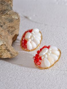 Crystal Natural Shell Pearls Handmade Red Geometric Stud Earrings | LABONNI Red Pearl Earrings For Party, Elegant Red Pearl Earrings For Parties, Handmade Red Pearl Earrings For Party, Elegant Red Coral Drop Earrings, Shell-shaped Clip-on Earrings For Gift, Red Pearl Drop Earrings For Party, Elegant Red Beaded Earrings For Gift, Elegant White Red Coral Jewelry, Handmade Shell-shaped Pearl Earrings Gift