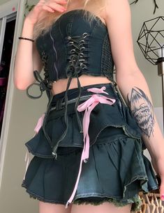 Handmade Gothic Denim Two-Piece Set, featuring a skirt and a strapless crop top. This punk-inspired streetwear suit is perfect for those who love Y2K fashion and want to stand out with a unique, edgy look. 🌹 Key Features and Details 🌹 Color Options: Available in classic denim, perfect for versatile styling. Sizes: Offered in various sizes to ensure the perfect fit for everyone. Materials: High-quality denim with intricate lace-up and cross bandage details. Package: Each order includes a skirt Gothic Summer Corset For Cosplay, Gothic Corset For Summer Cosplay, Summer Gothic Corset For Cosplay, Fairy Grunge Bottoms For Summer, Summer Fairy Grunge Bottoms For Alternative Fashion, Alternative Fitted Skirt For Streetwear, Punk Skirt For Summer Cosplay, Punk Style Skirt For Summer Cosplay, Punk Style Skirt For Cosplay In Summer