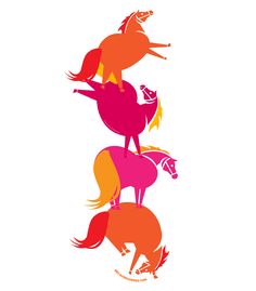 three colorful horses on top of each other in the same color and shape, with one horse jumping over another