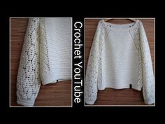 two pictures of a white sweater with holes in the front and back, on a wooden surface