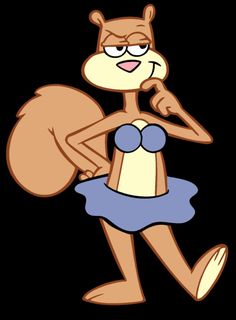 an animated squirrel in a blue dress with her hand on her hip and looking at the camera