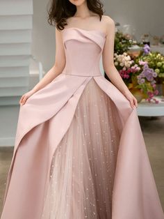 Strapless Tulle Dress With Sweep Train, Pink Satin Bridesmaid Dress For Banquet, Strapless Satin Bridesmaid Gown, Strapless Off Shoulder Dress For Prom Season Banquet, Off-shoulder Satin Dress With Sweep Train, Strapless Satin Evening Dress For Banquet, Satin A-line Strapless Dress For Banquet, Strapless Satin Gown For Banquet, Satin Strapless Floor-length Bridesmaid Dress