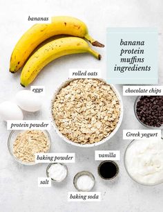 ingredients to make banana protein muffins laid out on a table