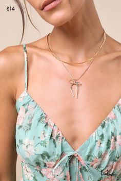 Let your cute side show whenever you wear a sweet piece like the Lulus Instinctive Romantic Gold Layered Bow Herringbone Necklace! Shiny, gold-toned metal shapes this lovely layered necklace that features a sleek herringbone chain, paired with a chic box chain that supports a chain bow charm. Lobster clasp closure. Shortest Chain Measures 16" Long With 3" Extender Chain. Longest Chain Measures 17" Long. 100% Brass. Imported. Lulus | Instinctive Romantic Gold Layered Bow Herringbone Necklace. Layered Bow, Side Show, Bow Charm, Herringbone Chain, Necklace Layered, Herringbone Necklace, Your Cute, Accessories Jewelry Necklace, Layered Necklace