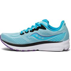 a woman's running shoe in blue and black