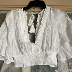 Never Worn, Very Good Condition White Bohemian Crop Top For Spring, White V-neck Crop Top For Beach Season, White Cropped Blouse For The Beach, White Bohemian Crop Top For Brunch, White Cropped Blouse For Vacation, Striped Tube Top, Pink Corset, Yellow Tank Top, Linen Crops