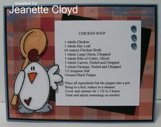 a close up of a card with a chicken on it's side and instructions