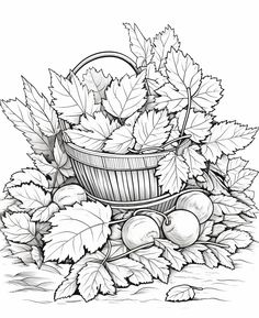 a basket filled with leaves and apples