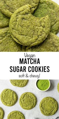 vegan matcha sugar cookies are stacked on top of each other, with the title in