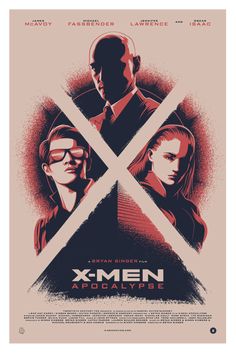 the x - men movie poster is shown in red, white and blue colors on a beige background