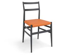 a chair with an orange seat and black frame