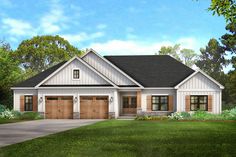 this is an artist's rendering of the front elevation of a house with two garages