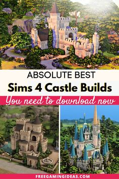 the castle is shown with text overlay that reads, absolute best sims 4 castle build