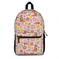 Looking for the perfect backpack to take your daily adventures with you? Look no further than our Western Cow Girl boots backpack! This stylish and fun backpack is perfect for kids or adults. It features a colorful wildflower design, making it a great addition to any wardrobe. The spacious main compartment can hold all of your school supplies and other belongings, while the comfortable shoulder straps make carrying it around easy. Plus, the cute strawberry pattern on the laptop sleeve makes this backpack the perfect for the new school year.  Have you got room for all that? With our roomy and durable backpack, you will! This bag is made from spun polyester and weights 1.3 lbs, just enough to be light, strong and long-lasting. Grab it, stow it, throw it onto the seat next to you, this backpa Cute Standard Backpack For Outdoor, Cute Backpack For Outdoor Use, Cute Outdoor Backpack Bag, Cute Backpack For Outdoor, Casual Backpack For Adventure And Back To School, Cute Pink Backpack For Outdoor Activities, Cute Travel Backpack With Adjustable Strap, Trendy Softback Backpack For Outdoor Activities, Casual Bags For Adventure And Back To School