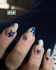 Blue Nails With Star Design, Blue Star Nail Designs, Cut Nail Designs, Get Nail Ideas, Navy Star Nails, Dark Blue Star Nails, Simple Star Nails, Star Nails Blue, Nail Inspo Stars