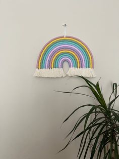 a potted plant sitting next to a white wall with a rainbow decoration on it