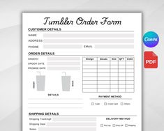 an order form with two cups on it and the text, tumbler order form