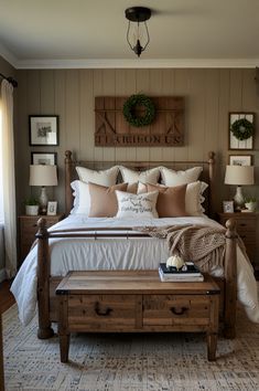 a bedroom with a large bed and wooden furniture