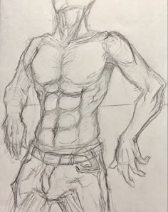 a pencil drawing of a man's torso and arms with his hands on his hips