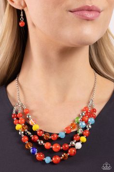 Attached and separated by shiny silver beads, three rows of alternating vibrant multicolored beads, silver studs, and floral-inspired beads layer across the collar, creating a colorful canvas. Features an adjustable clasp closure. Colorful Tapestry, Latest Jewellery Trends, Mixed Metal Jewelry, Red Necklace, Summer Necklace, Paparazzi Accessories, Latest Jewellery, Paparazzi Jewelry, Blue Necklace