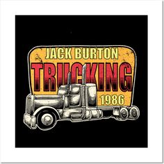 the jack burton trucking logo is shown on a black shirt with an orange and yellow background