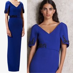 Brand New With Tags Size 38 / Us 6 Strikeout To Prevent Returns Missing The Belt Deodorant Mark On Inside A Few Pulls Approximate Measurements: Bust 16” Waist 13.5” V-Neck Long Dress With Caped Lapel Back Detail And Croc Crystal Embroidery Details, In Skiathos Blue.