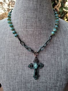 Patina Metal, Big Cross, Beaded Chain Necklace, Cowgirl Jewelry, Metal Cross, Beading Projects, A Metal, Czech Beads, Metal Charm