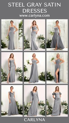 a collage of photos showing the different styles of dresses worn by women in grey