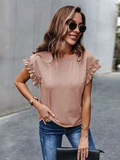 Ruffle Cuff Solid Tee | EMERY ROSE Casual Cap, Trendy Fashion Women, Sleeves Pattern, Women Tops, Cap Sleeve, Pullover Styling, Summer Women, Womens Tees, Fashion Clothes Women