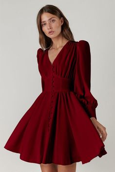 This vintage-inspired dress features a button-up detail and lantern sleeves for classic chic look. Pair with your favorite heels or booties. Made with a polyester blend. Evening Mini Dresses, Court Dresses, French Dress, Red Dress Women, Dress Stores Online, Neck Bodycon Dress, Vestidos Vintage, Long Puff Sleeves, Style Mistakes