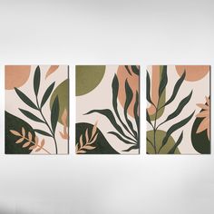 three paintings on a wall with leaves and plants in the middle, one is pink