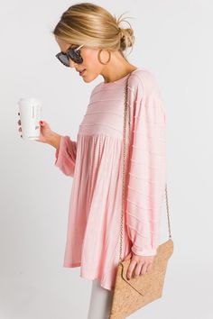 Teagan Textured Top, Pink :: NEW ARRIVALS :: The Blue Door Boutique Fall Casual Tunic For Brunch, Spring Textured Loungewear Tops, Spring Textured Tops For Loungewear, Textured Tops For Spring Loungewear, Casual Pink Spring Tunic, Casual Pink Tunic For Spring, Textured Top, Blue Door, Church Outfits