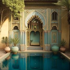 an outdoor pool surrounded by potted plants next to a building with arches and doorways