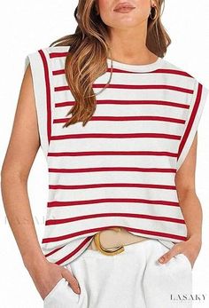 Lasaky - Loose-Fit Short Sleeve Striped Top with Round Neck Striped Tops Women, Casual Tanks, Elegant Blouses, Loose Shorts, Red Stripe, Red Blouses, Striped Blouse, Womens Vest, Shoulder Length