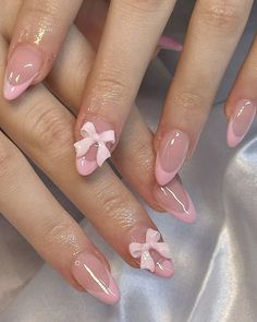 Nails With Charms Short, Short Coquette Nails, Kawaii Short Nails, Bows Aesthetic, Fall Nail Inspiration, Almond Nails Pink, Bow Nail Designs, Pink French Nails, Coquette Nails