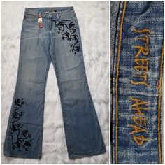 New Streets Ahead Jeans 3 Pockets Front 2 Pockets Back Zipper Down Front Button Front Closure Distressed Look Beautiful Embellishments Dry Clean Only Waist: 30" Inseam: 34 1/2" Rise: 8" Size 27 Thank You For Checking Out My Closet Pet And Smoke Free Home P Flare Out Jeans, Jeans With Designs, 80s Clothes, Silly Clothes, Flair Jeans, Sublimation Ideas, Embellished Jeans, Women Street, Striped Jeans