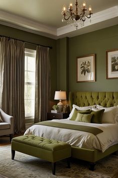 a bedroom with green walls, white bedding and a chandelier hanging from the ceiling