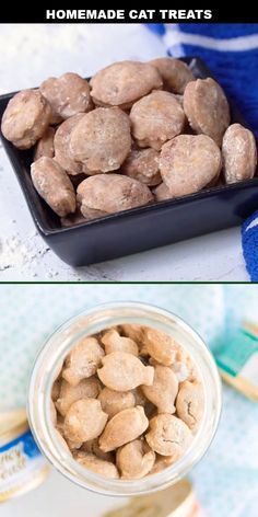 two pictures showing the process of making homemade cat treats with peanut butter and almonds