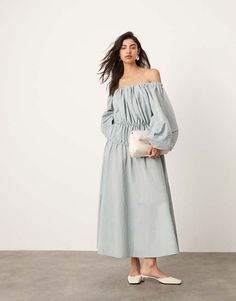 ASOS EDITION bardot pleat detail midi dress with balloon sleeves in blue | ASOS Formal Dresses Graduation, Cocktail Dress Formal, Winter Party Dress, Long Sleeve Floral Dress, Satin Slip Dress, Sweaters And Leggings, Embellished Dress, Floral Dress Black, Winter Dresses