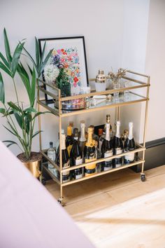 a gold shelf with bottles of liquor on it and a potted plant next to it