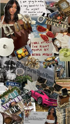 a collage of photos with words and pictures on it, including an image of a woman