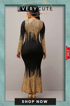 Gold Hot Stamping Round Neck Dress Gold Fitted Long Sleeve Maxi Dress, Gold Long Sleeve Maxi Dress For Fall, Gold Maxi Dress For Fall Night Out, Gold Maxi Dress For Night Out In Fall, Fitted Gold Maxi Dress For Fall, Fall Sequin Long Sleeve Maxi Dress, Gold Long Sleeve Bodycon Dress, Gold Stretch Dress For Fall, Round Neck Dress