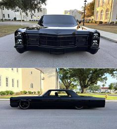 an old black car is parked in front of a large building and another photo shows it's exterior