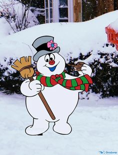 a cartoon snowman holding a broom and wearing a top hat, scarf and gloves