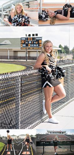 the cheerleaders are posing for pictures on the sidelines in their uniforms and skirts